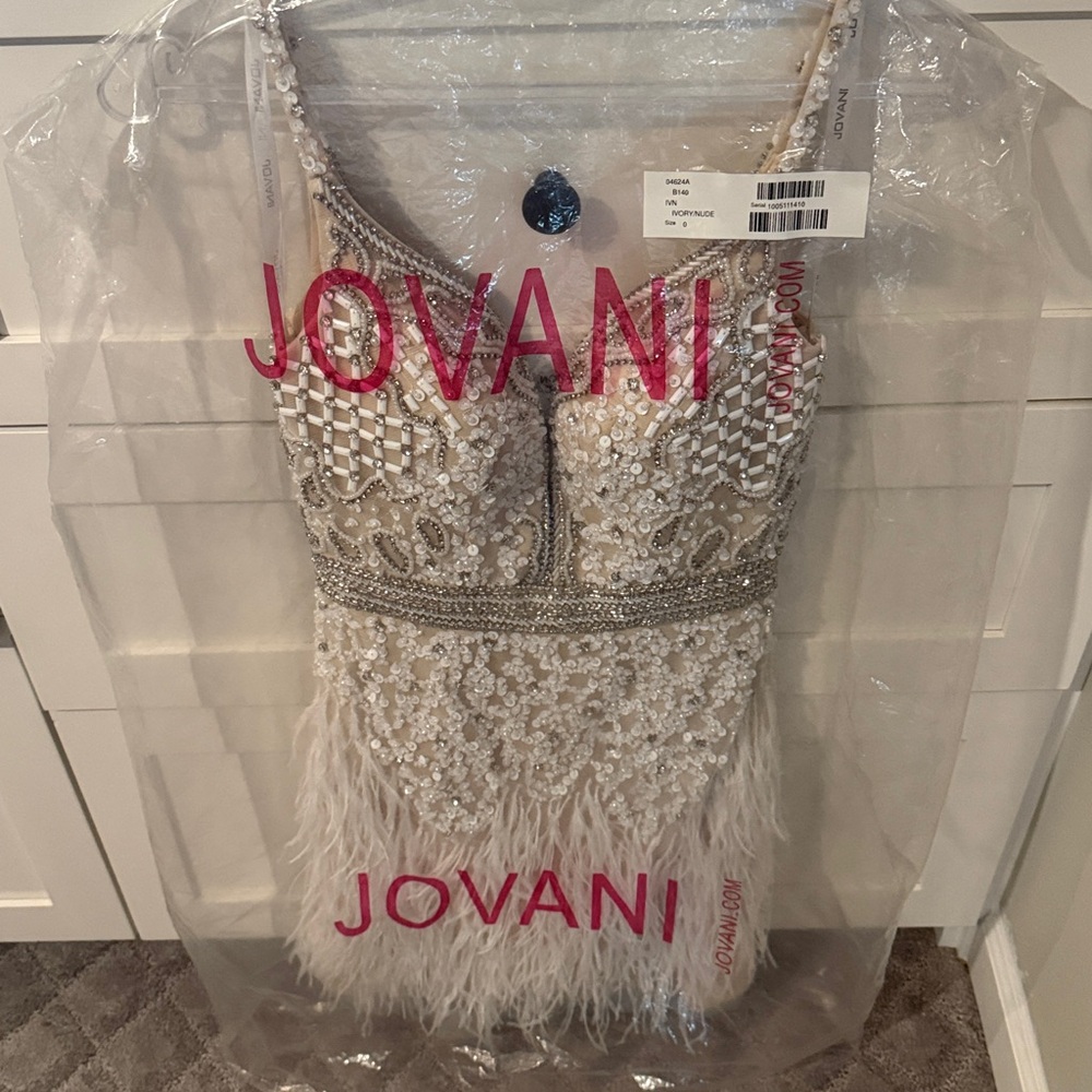 Jovani Cream Beaded Feather Mini Dress - Picture 8 of 9